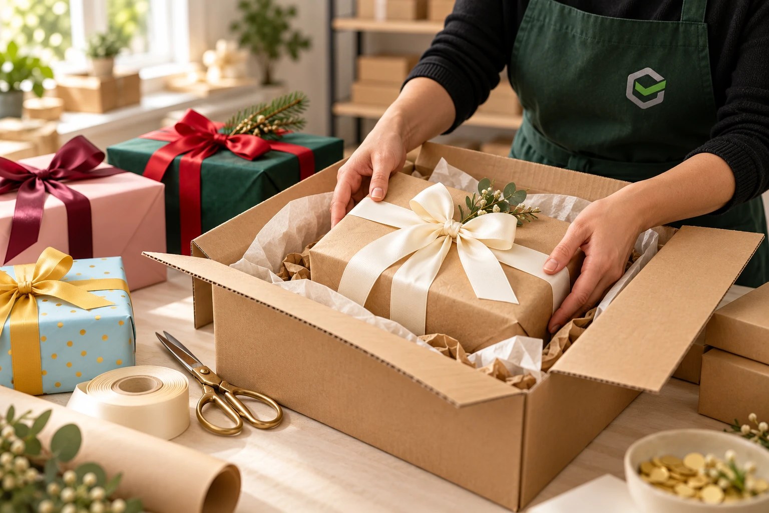Placing a wrapped gift into protective outer packaging for dispatch