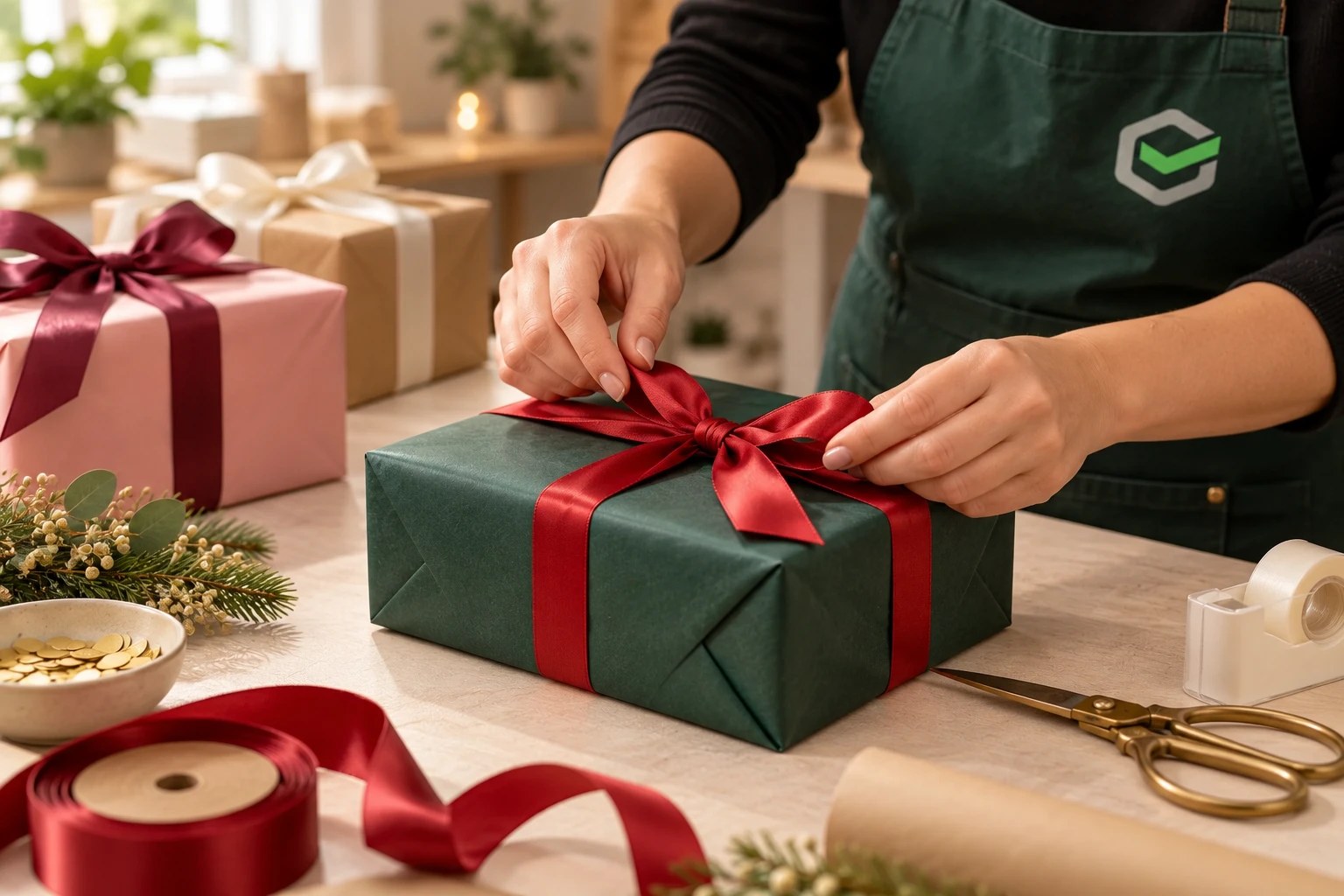 Hands carefully wrapping a gift in green paper and red ribbon