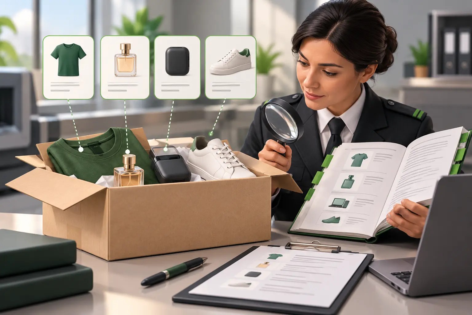 Illustrated SmartShip international parcel journey showing branded cartons moving from checkout through fulfilment and delivery