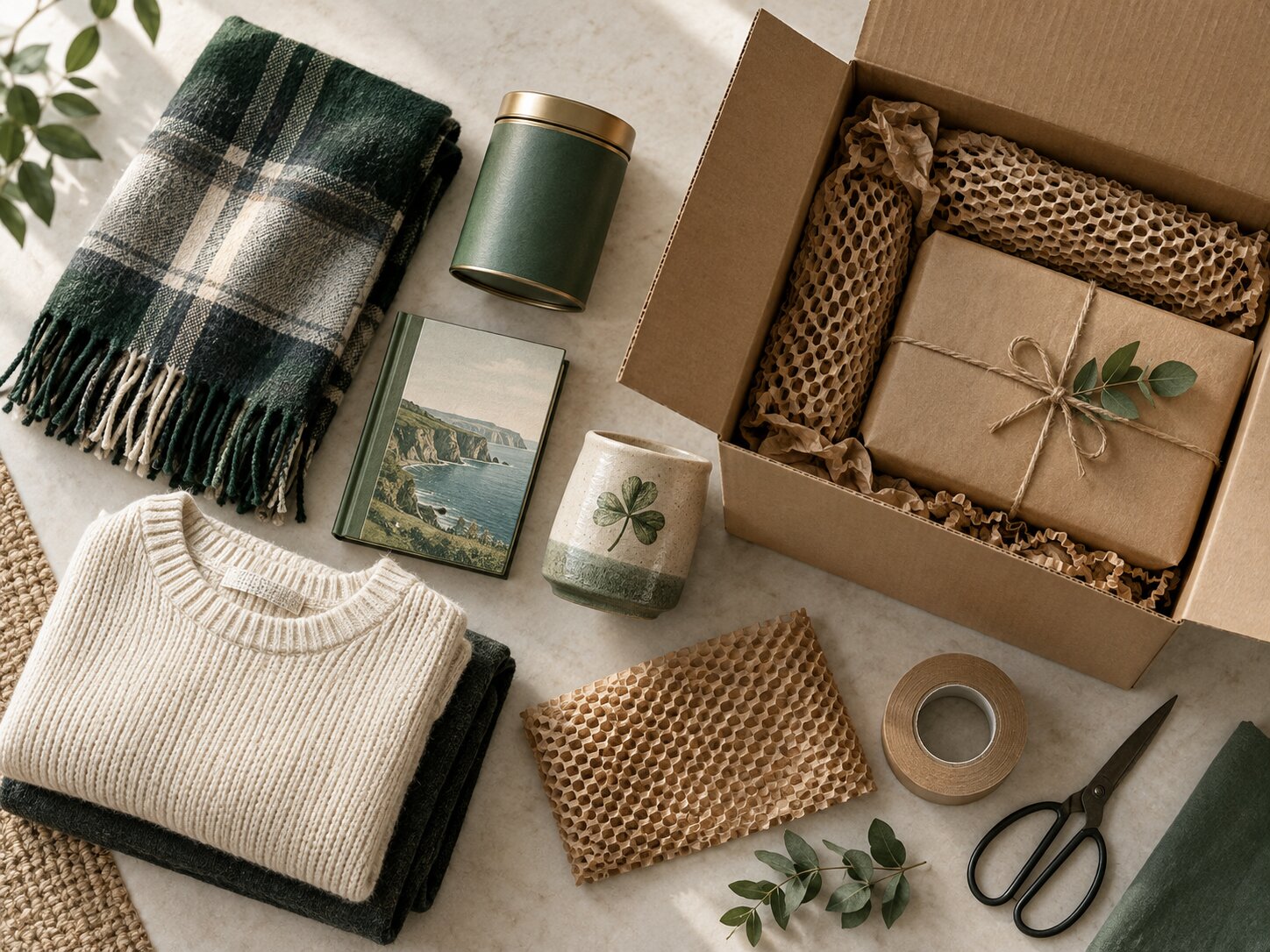 Irish gifts and clothing being carefully consolidated into one parcel