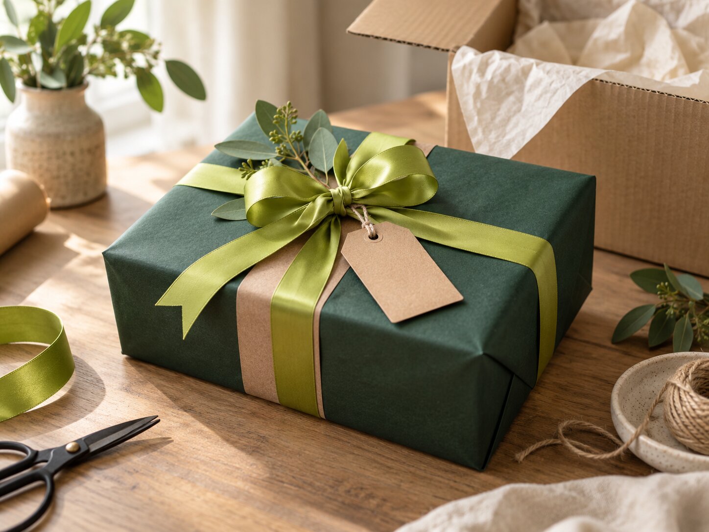 Premium parcel wrapped in forest-green paper with a lime ribbon, ready for international shipping
